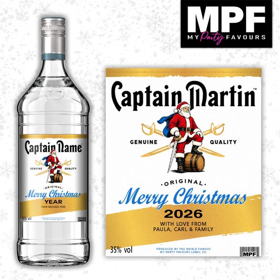 Christmas Rum Label Sticker - Personalised xmas Captain White Bottle Gift - MPF