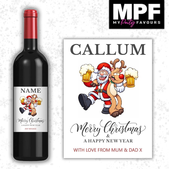 Christmas Wine Label Sticker Personalised Bottle Gift Family Secret Santa xmas work - MPF