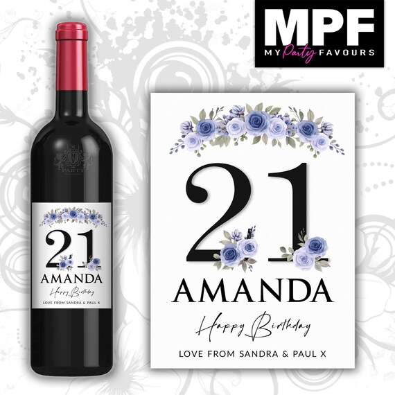 Personalised Birthday Wine Bottle Label - Blue Floral Flowers - Any Name & Age