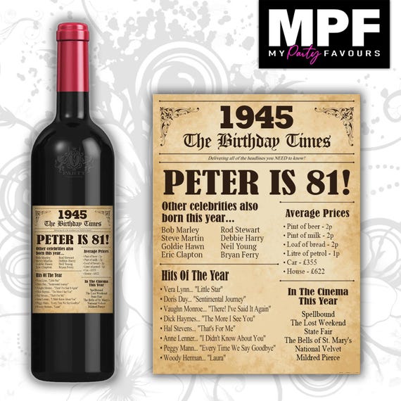 Personalised 1945 81st Birthday Wine/Gin/Vodka Bottle Label - Newspaper - Party 81