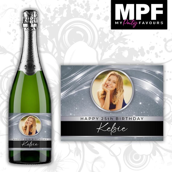 Personalised Photo Birthday Champagne Bottle Label - Silver - Any Name & Age