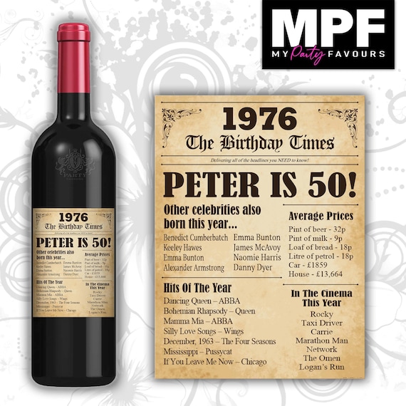 Personalised 1976 50th Birthday Wine Gin Vodka Bottle Label - Newspaper - Party 50