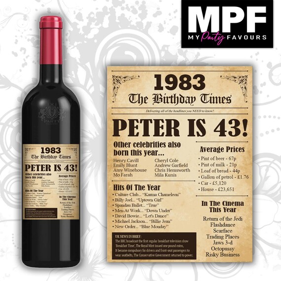 Personalised 1983 43rd Birthday Wine Gin Vodka Bottle Label - Newspaper - Party 43