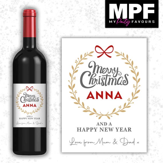 Christmas Wine Label Sticker Personalised Bottle Gift Family Secret Santa xmas work - MPF