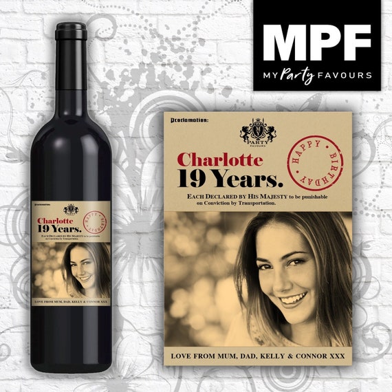 Personalised Photo Birthday Crimes Wine/Champagne/Prosecco Bottle Label - Any Name & Age