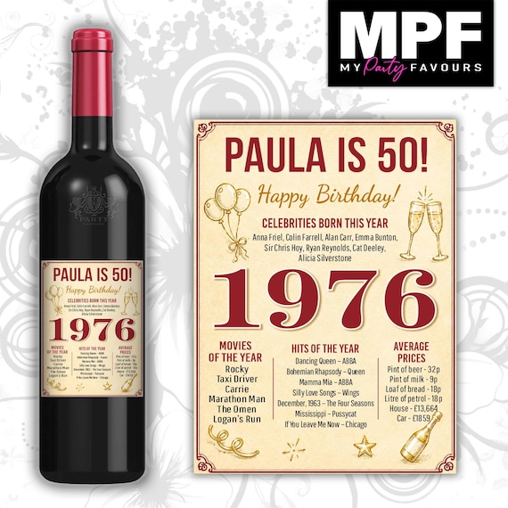 Personalised 1976 50th Birthday Wine Gin Vodka Bottle Label - Red or Blue - Party 50