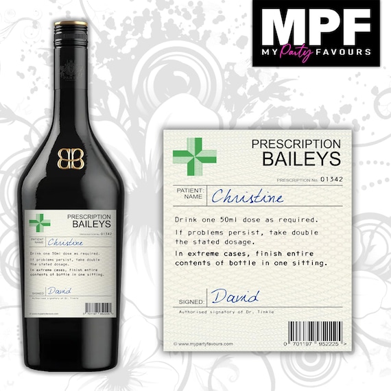 Personalised Prescription Baileys Bottle Label - Christmas Secret Santa Gift
