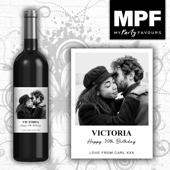 Personalised Photo Birthday Bottle Label - Wine Gin Vodka - Black & White