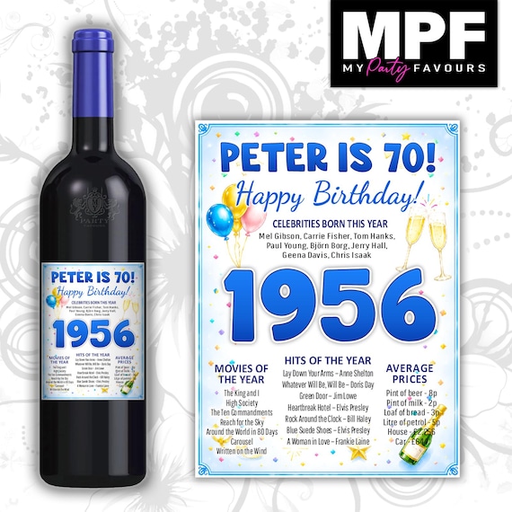 Personalised 1956 70th Birthday Wine Gin Vodka Bottle Label - Pink or Blue - Party 70