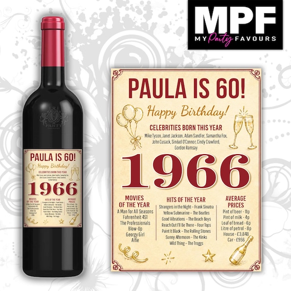 Personalised 1966 60th Birthday Wine Gin Vodka Bottle Label - Red or Blue - Party 60