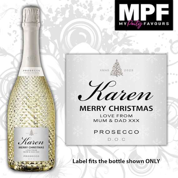 Christmas Prosecco Bottle Label Personalised - Silver - Secret Santa Gift - MPF