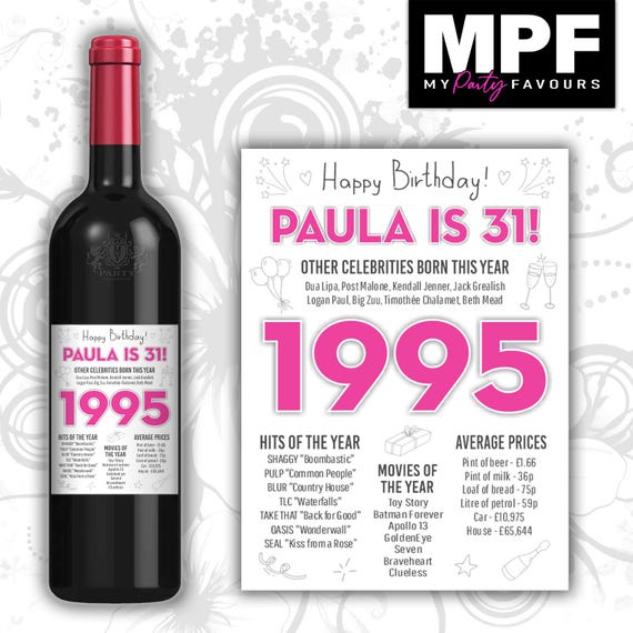Personalised 1995 31st Birthday Wine Gin Vodka Bottle Label - Pink or Blue - Party 31