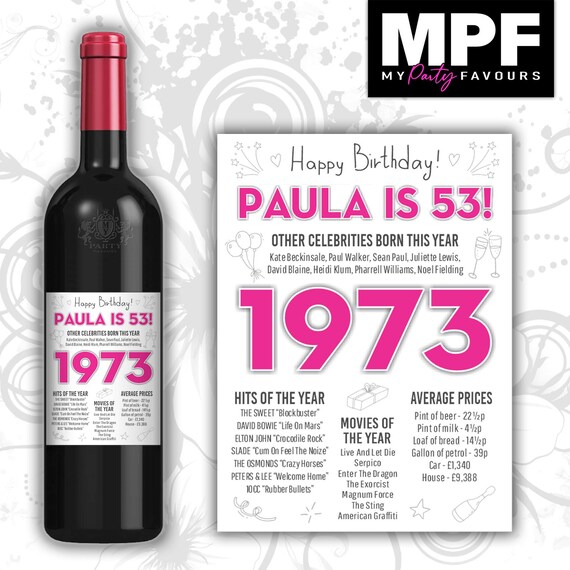Personalised 1973 53rd Birthday Wine Gin Vodka Bottle Label - Pink or Blue - Party 53