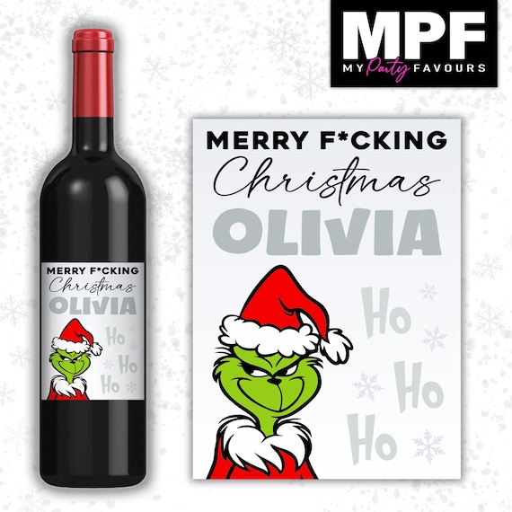 Christmas Wine Label Sticker Personalised Bottle Gift Grinch Secret Santa xmas work - MPF