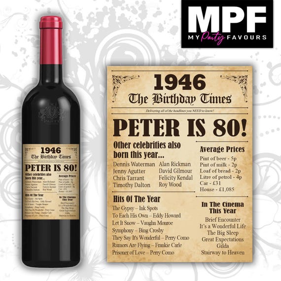 Personalised 1946 80th Birthday Wine Gin Vodka Bottle Label - Newspaper - Party 80