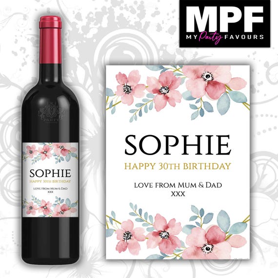 Personalised Birthday Wine Bottle Label - Pink Floral Flowers - Any Name & Age