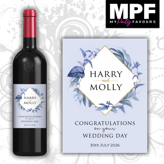 Personalised Wine Bottle Label Wedding Engagement Vow Renewal - Flowers Floral Blue