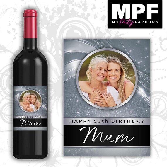 Personalised Photo Birthday Wine Bottle Label - Silver - Any Name & Age