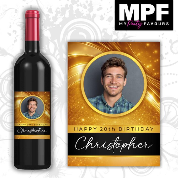 Personalised Photo Birthday Wine Bottle Label - Gold - Any Name & Age