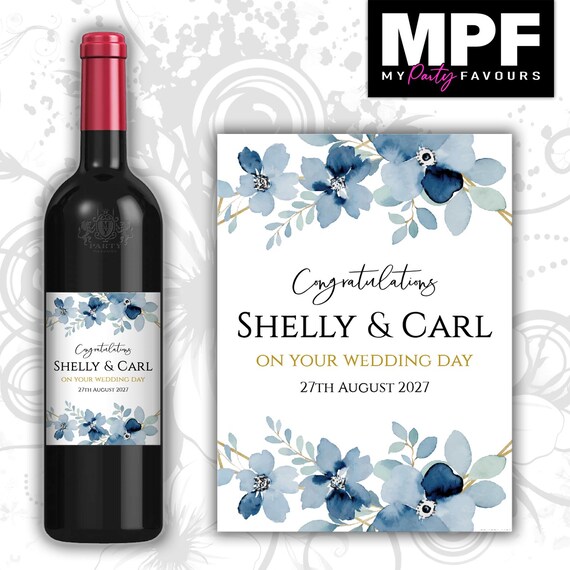 Personalised Wine Bottle Label Wedding Engagement Vow Renewal - Flowers Floral Blue