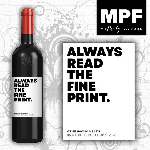 Personalised Baby Announcement Reveal Wine Bottle Label - Always read the fine print