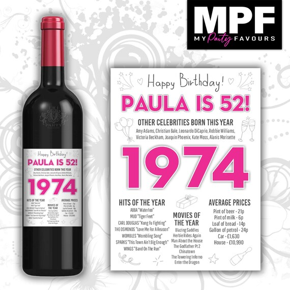 Personalised 1974 52nd Birthday Wine Gin Vodka Bottle Label - Pink or Blue - Party 52
