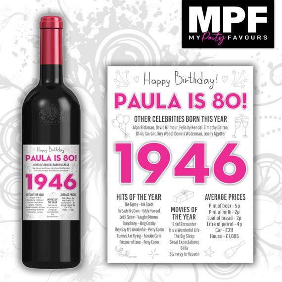 Personalised 1946 80th Birthday Wine Gin Vodka Bottle Label - Pink or Blue - Party 80
