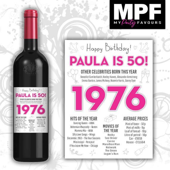 Personalised 1976 50th Birthday Wine Gin Vodka Bottle Label - Newspaper - Party 50