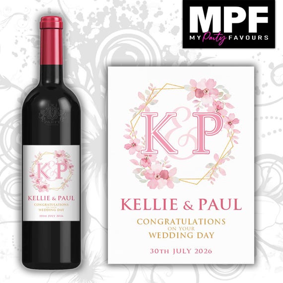 Personalised Wine Bottle Label Wedding Engagement Vow Renewal - Flowers Floral Pink