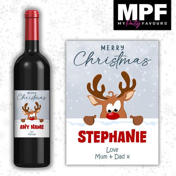 Christmas Wine Label Sticker Personalised Bottle Gift Family Secret Santa xmas work - MPF