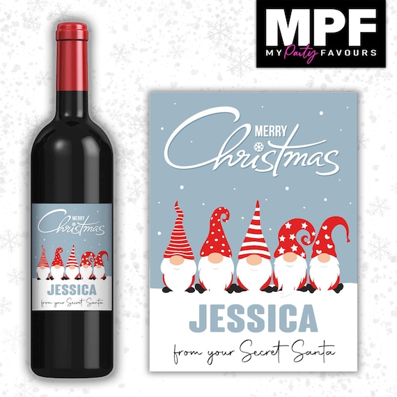 Christmas Wine Label Sticker Personalised Bottle Gift Family Secret Santa xmas work - MPF