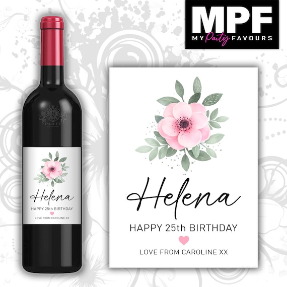Personalised Birthday Wine Bottle Label - Blue Floral Flowers - Any Name & Age