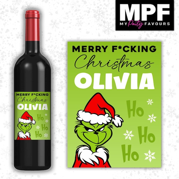 Christmas Wine Label Sticker Personalised Bottle Gift Grinch Secret Santa xmas work - MPF