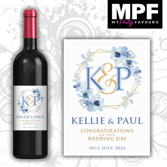 Personalised Wine Bottle Label Wedding Engagement Vow Renewal - Flowers Floral Blue