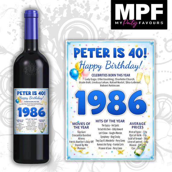 Personalised 1986 40th Birthday Wine Gin Vodka Bottle Label - Pink or Blue - Party 40