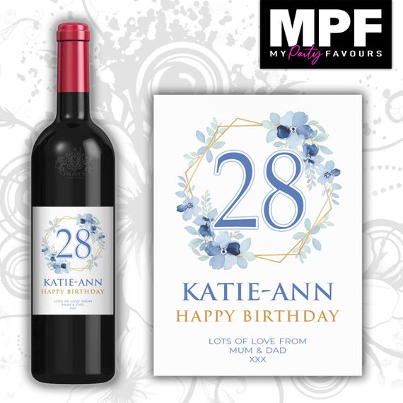 Personalised Birthday Wine Bottle Label - Blue Floral Flowers - Any Name & Age