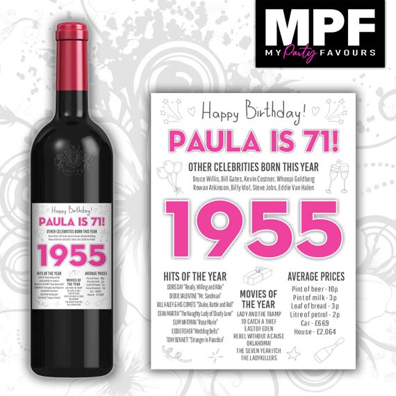 Personalised 1955 71st Birthday Wine Gin Vodka Bottle Label - Pink or Blue - Party 71