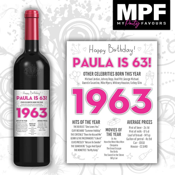 Personalised 1963 63rd Birthday Wine Gin Vodka Bottle Label - Pink or Blue - Party 63