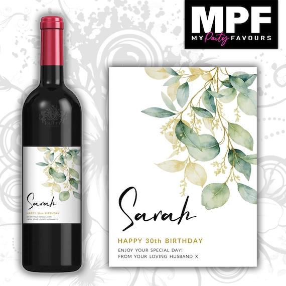 Personalised Birthday Wine Bottle Label - Green Leaves Floral Flowers - Any Name & Age