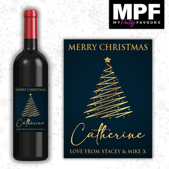 Christmas Wine Label Sticker Personalised Bottle Gift Family Secret Santa xmas work - MPF