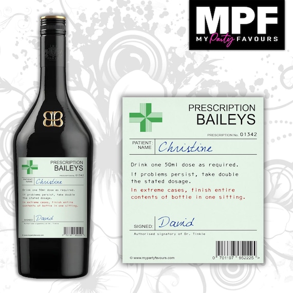 Personalised Prescription Baileys Bottle Label - Christmas Secret Santa Gift