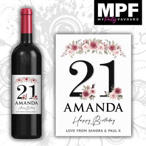 Personalised Birthday Wine Bottle Label - Pink Floral Flowers - Any Name & Age