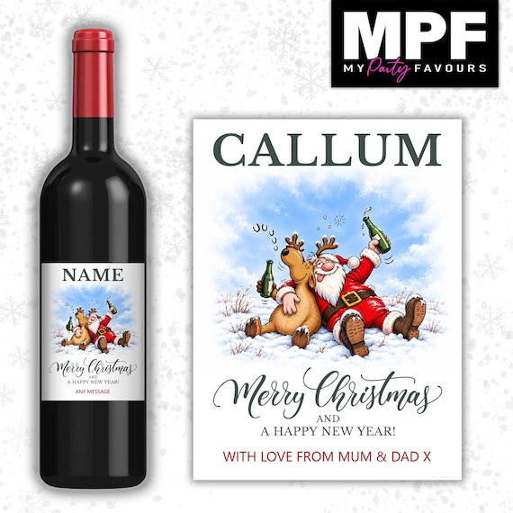 Christmas Wine Label Sticker Personalised Bottle Gift Family Secret Santa xmas work - MPF