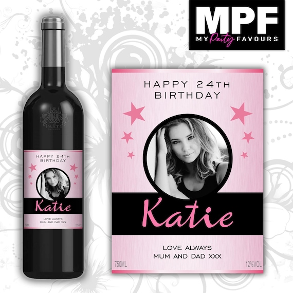 Personalised Photo Birthday Wine/Champagne/Prosecco Bottle Label - Pink - Any Name & Age