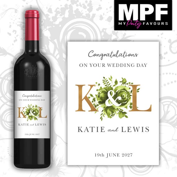 Personalised Wedding Wine Bottle Label - 5 colour options - gold letters