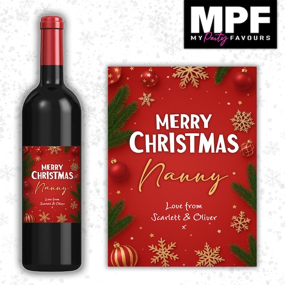 Christmas Wine Label Sticker Personalised Bottle Gift Family Secret Santa xmas work - MPF