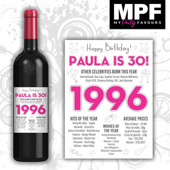 Personalised 1996 30th Birthday Wine Gin Vodka Bottle Label - Pink or Blue - Party 30