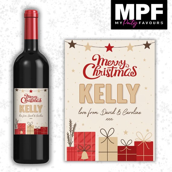 Christmas Wine Label Sticker Personalised Bottle Gift Family Secret Santa xmas work - MPF
