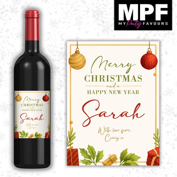 Christmas Wine Label Sticker Personalised Bottle Gift Family Secret Santa xmas work - MPF