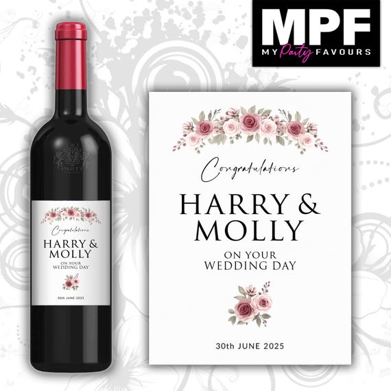 Personalised Wine Bottle Label Wedding Engagement Vow Renewal - Flowers Floral Pink